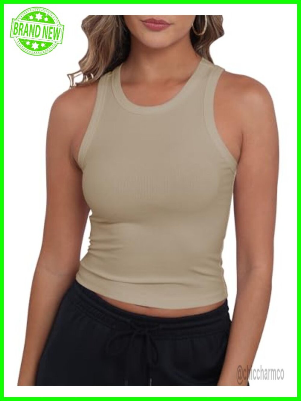 Womens Sleeveless High Neck Racerback Ribbed Knit Fitted Cropped Tank Top